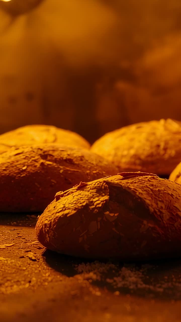 Vertical video: Heating seed-topped loaves glistening and expanding on oven deck, raising steam