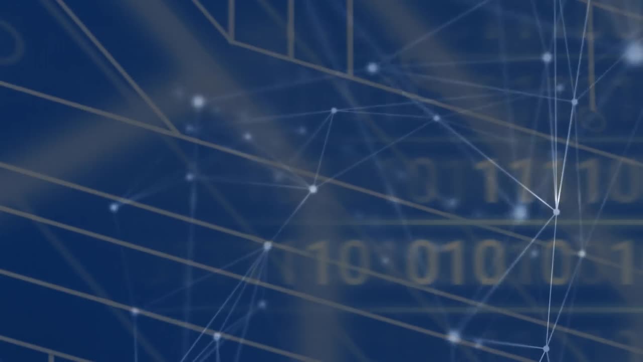 Animation of networks of connections and data processing over blue background