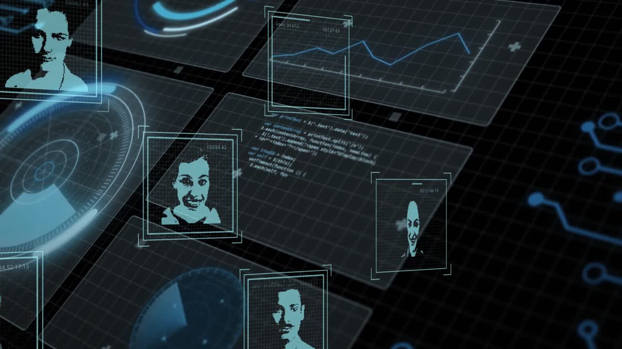 Animation of data processing and people icons over black background