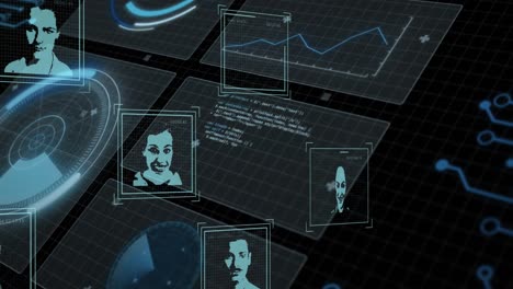 animation of data processing and people icons over black background
