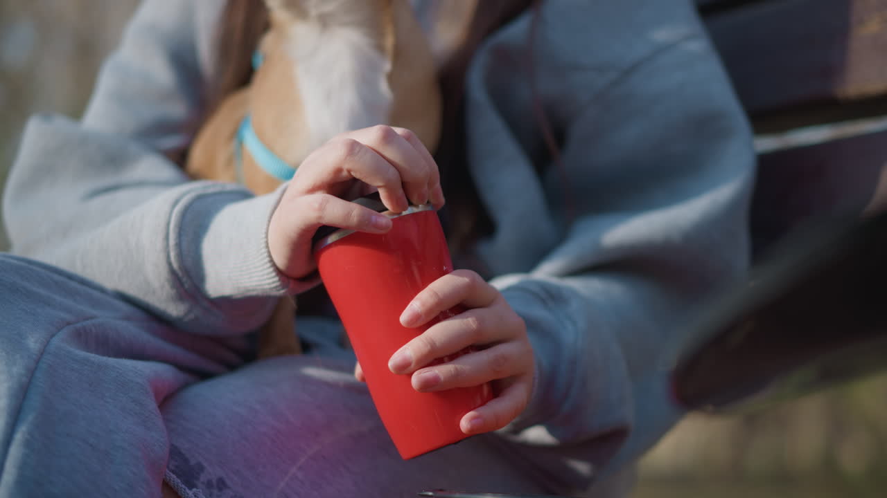 rellenando el cuenco de la mascota, transferencia de agua para el cachorro, vertiendo agua en el cuenco plegable para perros, rellenado cuidadoso de agua desde una botella vibrante cerca del cachorro, vertiendo suavemente agua en un cuenco portátil para un perro lindo en el parque
