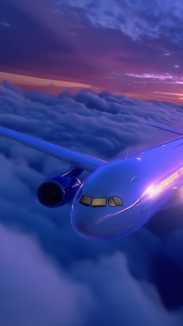Un maestoso aereo che si libra in un cielo colorato sopra nuvole soffici durante una scena mozzafiato al crepuscolo, catturata con dettagli e chiarezza sorprendenti