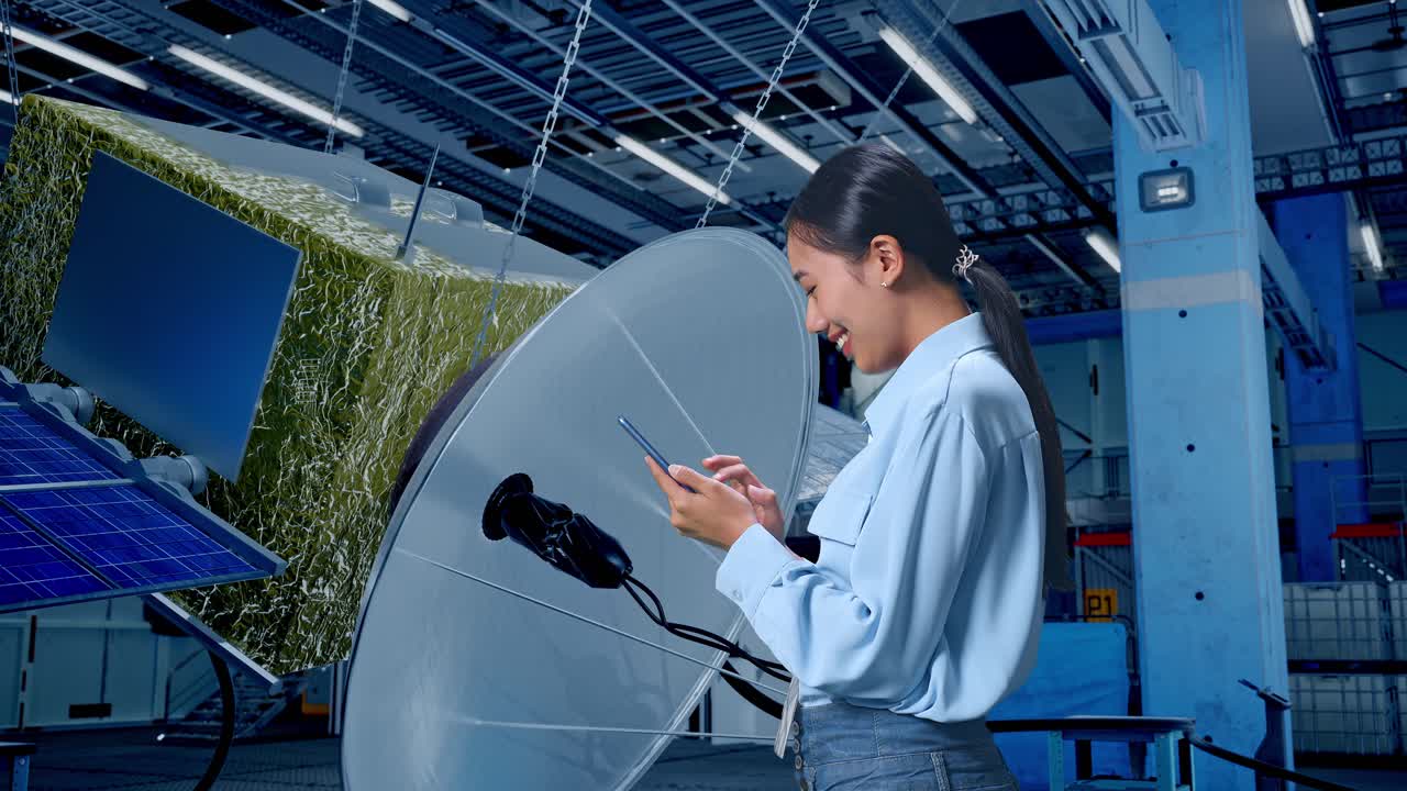 공장에서 위성 프로젝트를 하는 여성