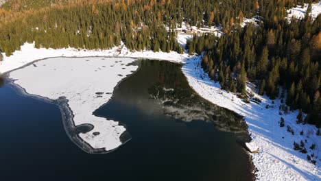 Palu-Lake-in-Valmalenco,-Italy,-winter-aerial-landscape-with-trees-and-snow