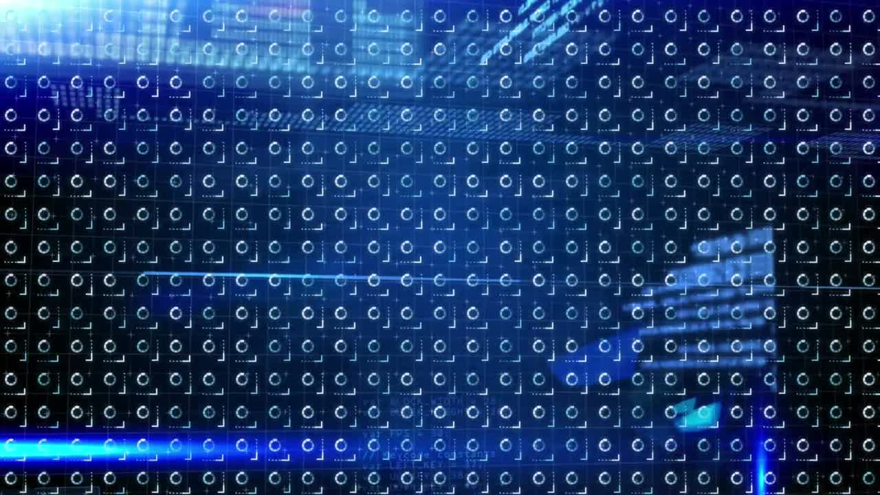 Animation of data processing over rotating loading circles on black background