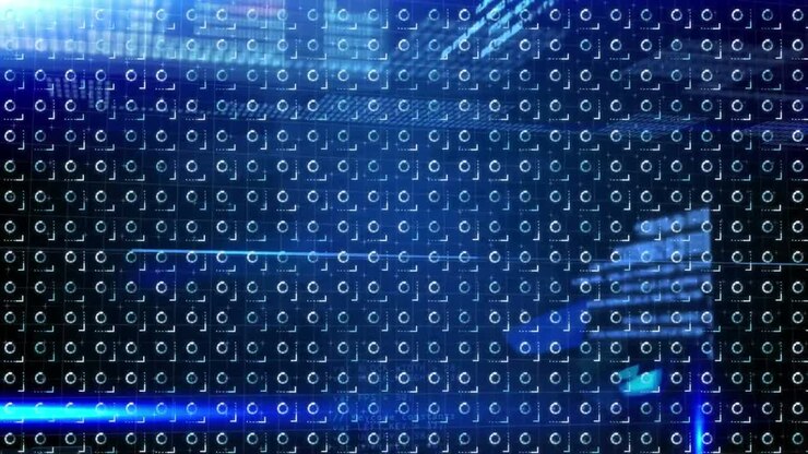 Animation of data processing over rotating loading circles on black background