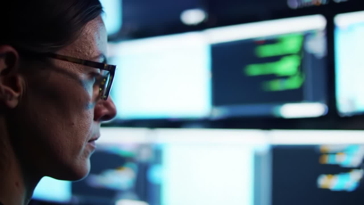 Focused Analysis: A Person Engaged in Deep Work with Multiple Screens Showing Data and Code, Illustrating the Power of Technology and Concentration