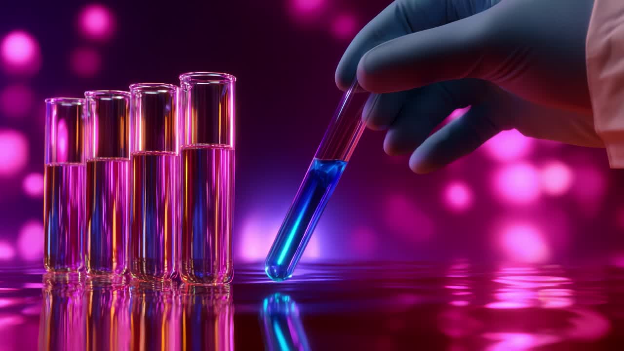 This visually captivating scene illustrates a laboratory setting where a scientist's gloved hand delicately holds a test tube filled with a vibrant blue liquid, poised over a row of other colorful test tubes against a mesmerizing, softly blurred background
