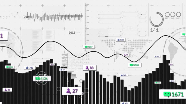 Animation of media icons over data processing and diagrams