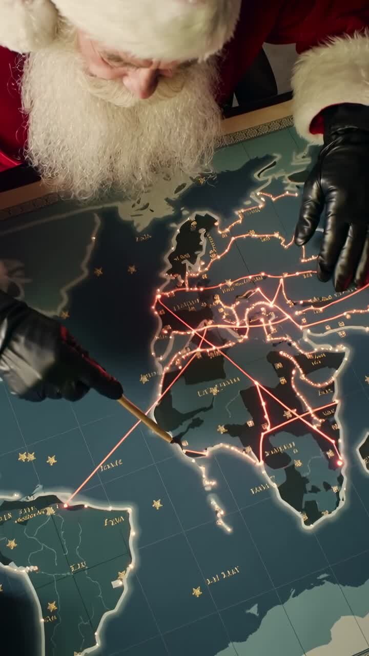 Vidéo verticale : un père Noël pointe du doigt et suit un itinéraire de livraison de Noël sur une carte d’atelier sur une table