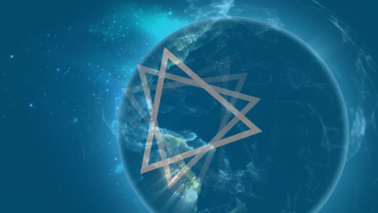 Animation von sich drehenden weißen Dreiecken mit einem Globus eines Netzwerks von Verbindungen