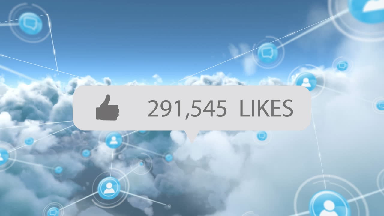 Animazione di rete di icone multimediali e notifica di social media su nuvole nel cielo blu