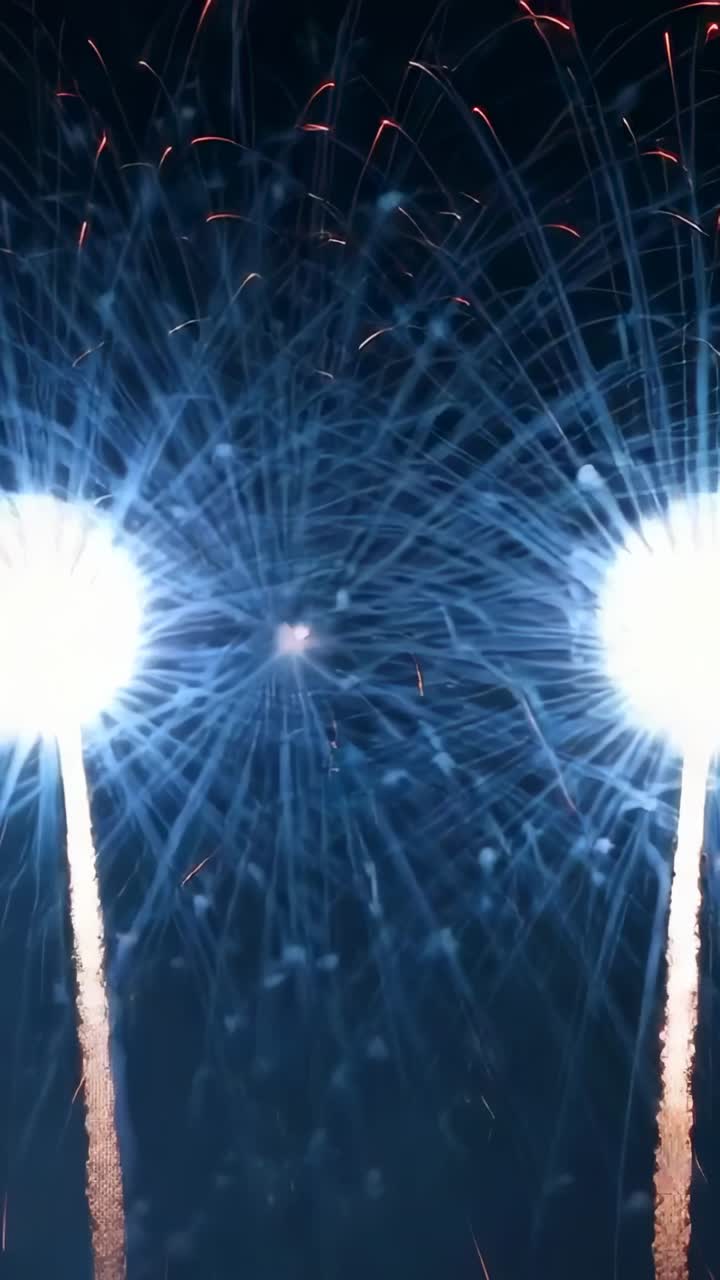 Vertical video: Launching fireworks arching red trails in dark sky shooting white columns blooming
