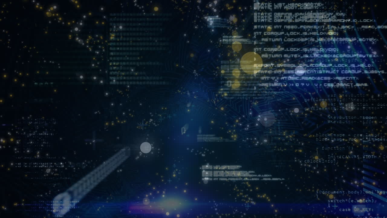 Animation of light spots over data processing on black background