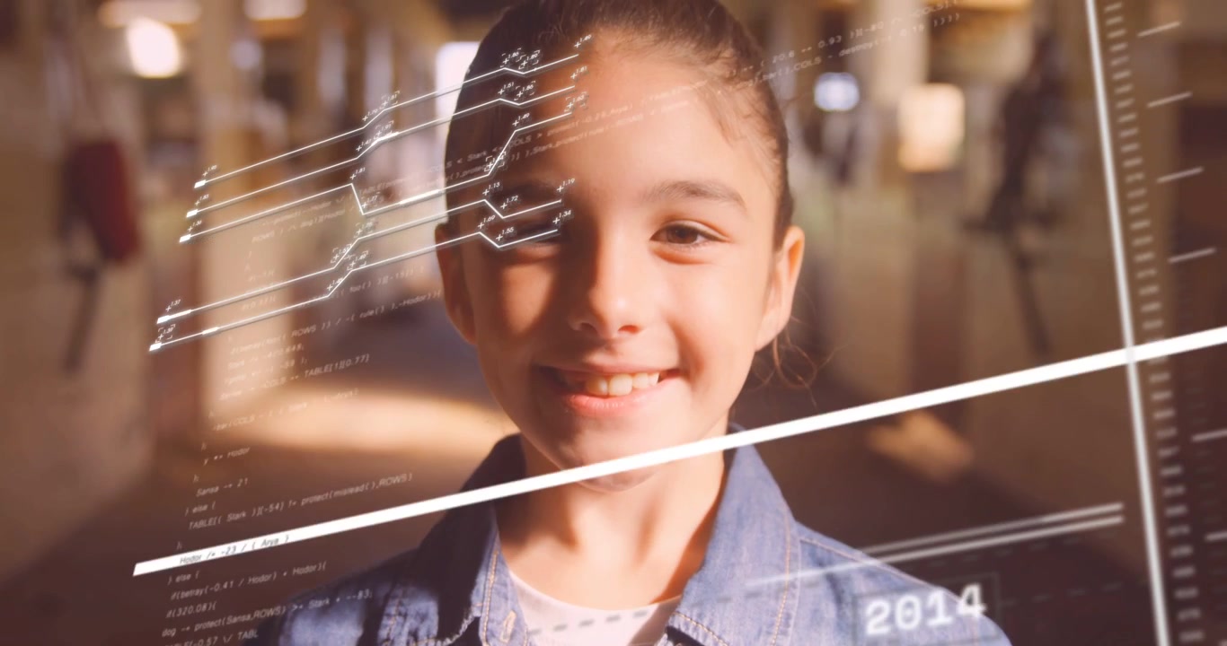 Vertical video: School-age girl smiling facing camera in hall HUD mapping education years over face