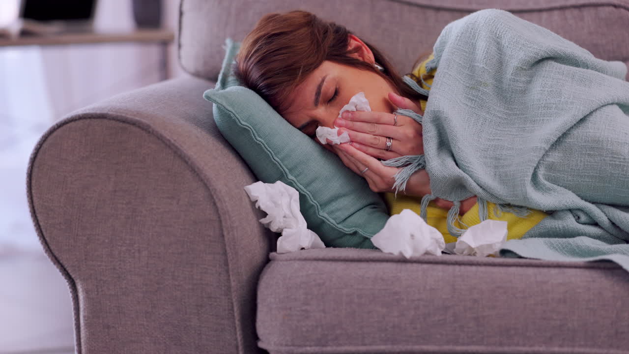 Sick, cold and woman blowing nose on a sofa