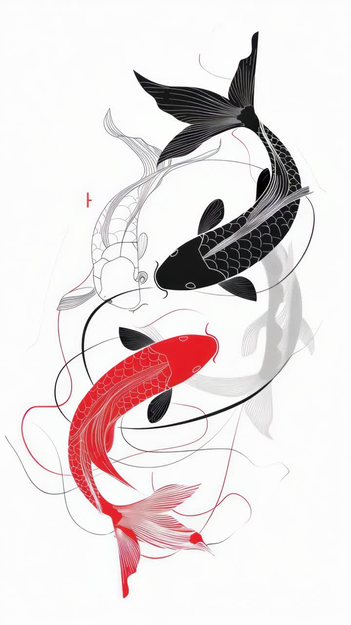 Illustrazione minimalista di pesci koi in rosso, nero e bianco