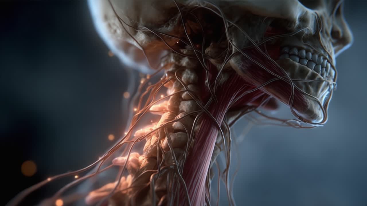 Un'esplorazione dettagliata dell'anatomia del cranio e del collo umano che evidenzia le intricate connessioni neurali e le strutture muscolari in una rappresentazione affascinante.