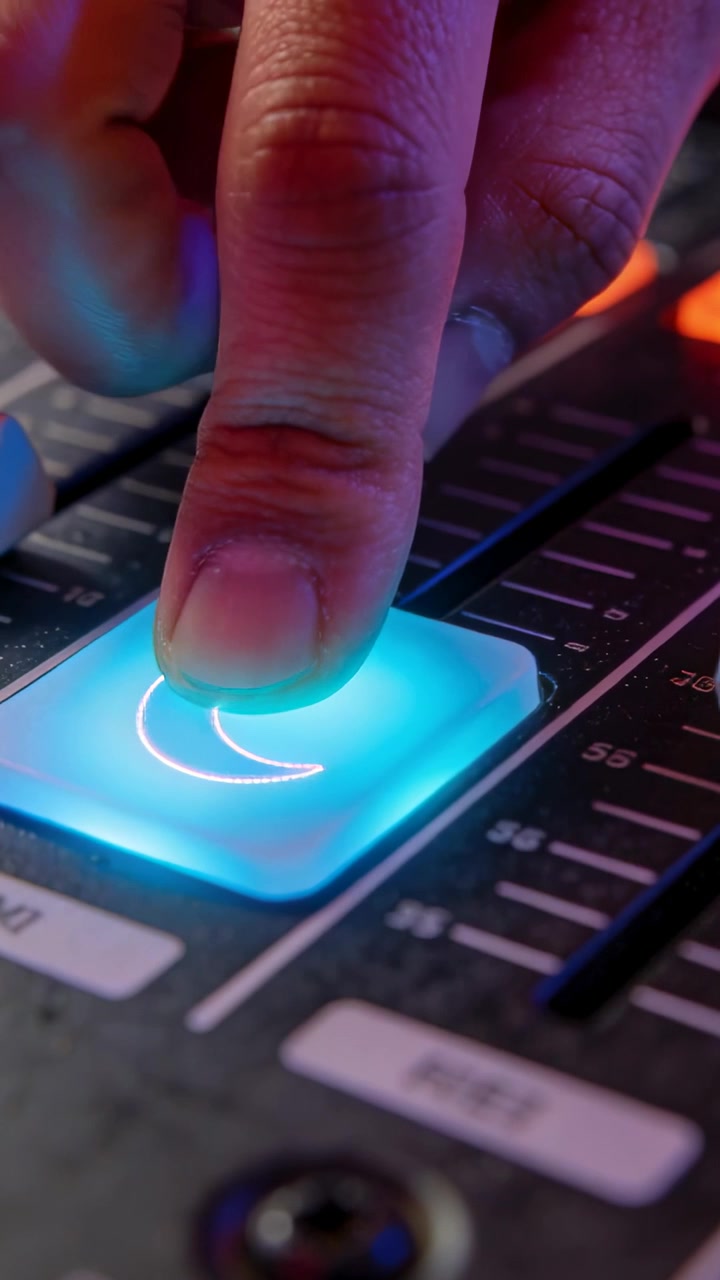 Video verticale: Dito che preme su un pad ciano con un'icona a forma di luna su un mixer che tiene un cue.