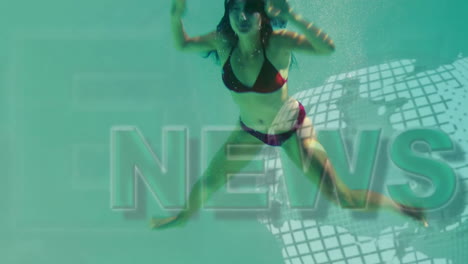 swimming underwater, woman over news animation with globe and text