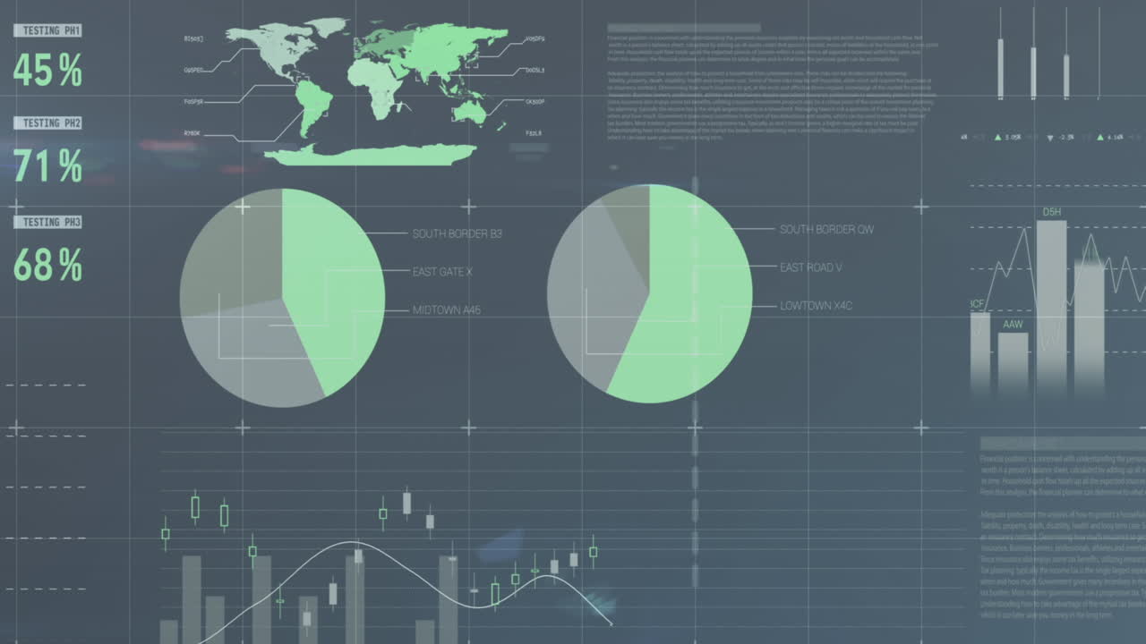 animación del procesamiento de datos financieros sobre una cuadrícula sobre un fondo gris.