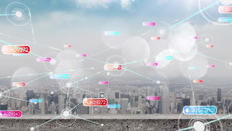 animating network connections and data points over cityscape background