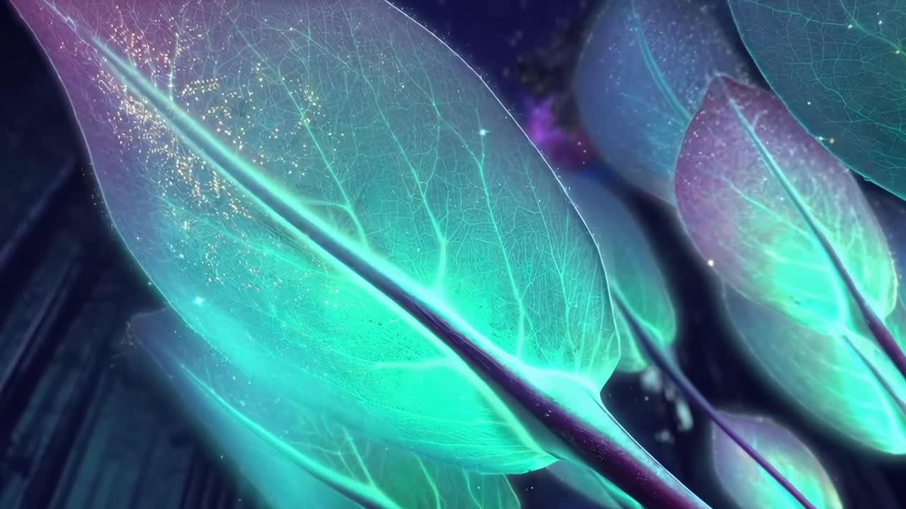 Un affascinante primo piano video di foglie luminose in una foresta mistica, ripreso da un'angolazione bassa