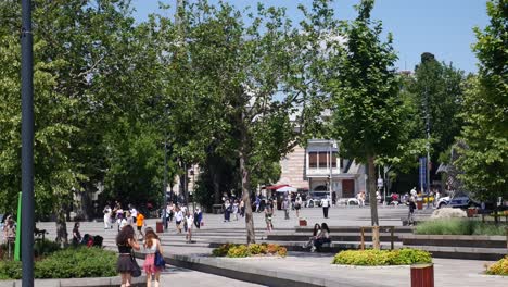 bustling city square on a sunny day