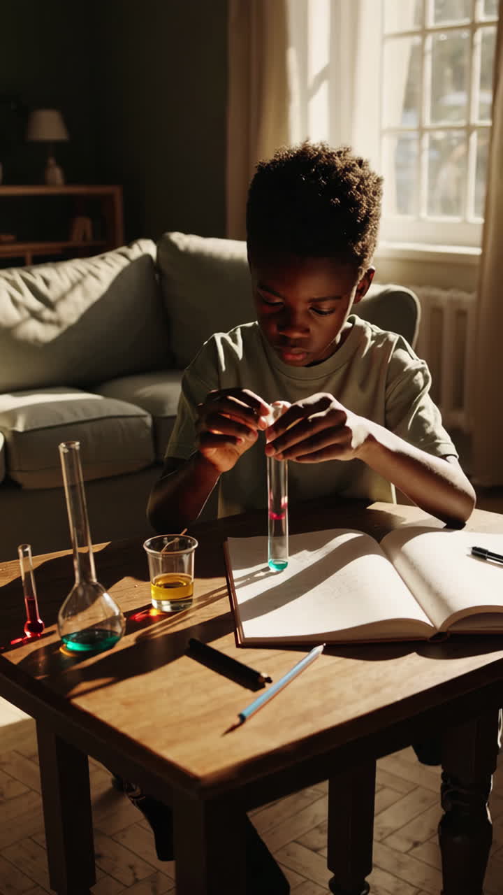 Young boy doing a science experiment at home
