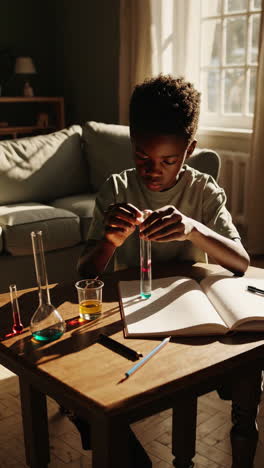 young boy doing a science experiment at home