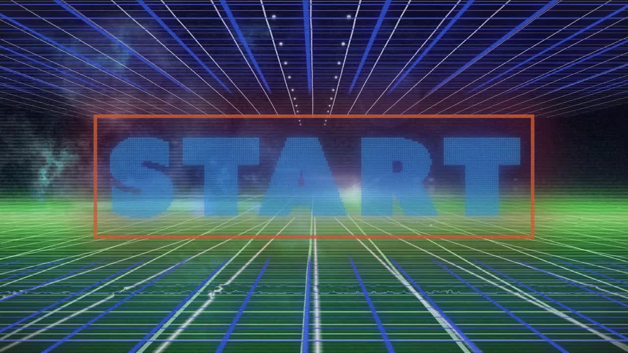 Animation of start text over colorful geometrical shapes on black background