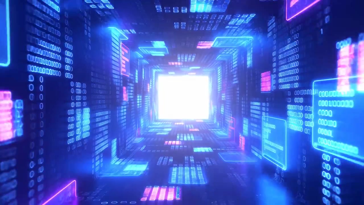 Immersive neon corridor formed by repeating illuminated modules, vertical binary glyphs, and reflective surfaces on walls, floor, and ceiling, drawing eye toward bright portal in futuristic cyber