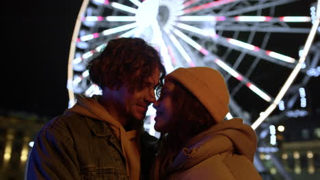 love couple looking eyes to eyes on urban street. pair spending date in city.