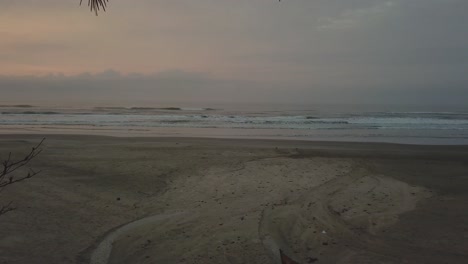 Incredible-establishing-4k-aerial-shot-showing-beach-and-palm-trees-with-stunning-sunrise-in-background