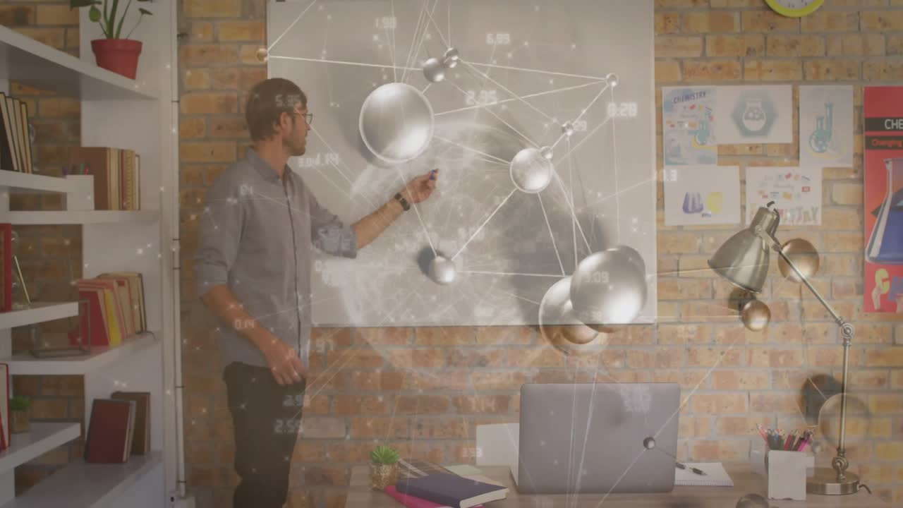 Man holding stylus next to whiteboard activating holographic tech data network expanding, rotating