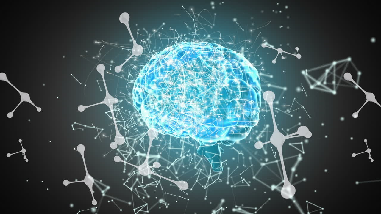 animación de moléculas y cerebro giratorio en fondo negro