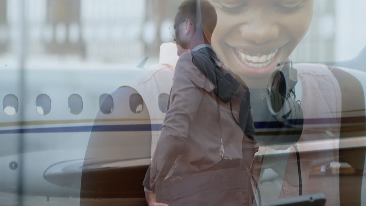 Businessman boarding private jet over smiling person with headphones animation