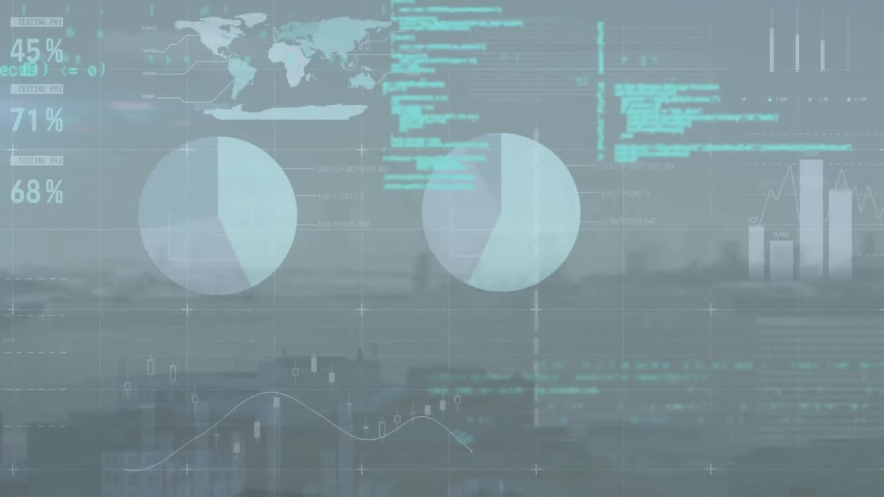 Animation of infographic interface and computer language over modern city against sky