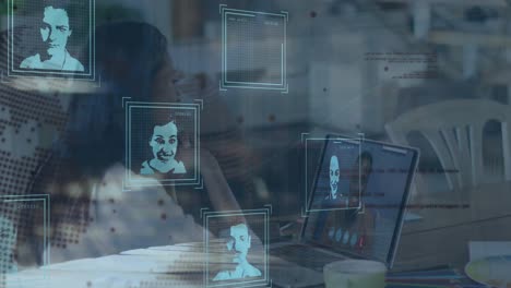 animation of multiple profile icons over spinning globe against woman having a videocall on laptop