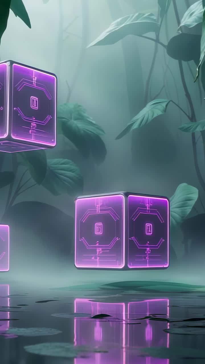 Vertical video: Materializing cubes, hovering above swamp pool with lily pads, glowing circuits