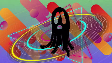 animación de fantasmas sobre formas de neón y fondo colorido.