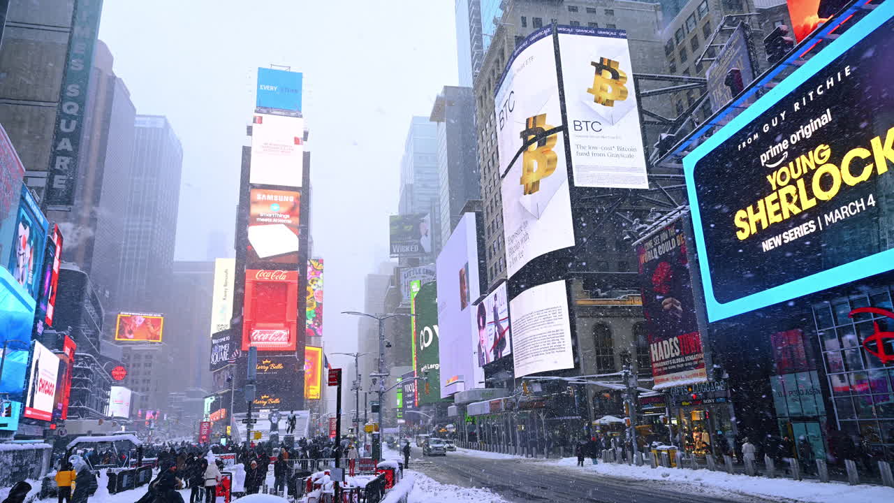 New York, USA, 22 febbraio 2026: Times Square a New York City durante una forte nevicata invernale. Vista grandangolare di Times Square con cartelloni digitali illuminati e pedoni durante una tempesta di neve.