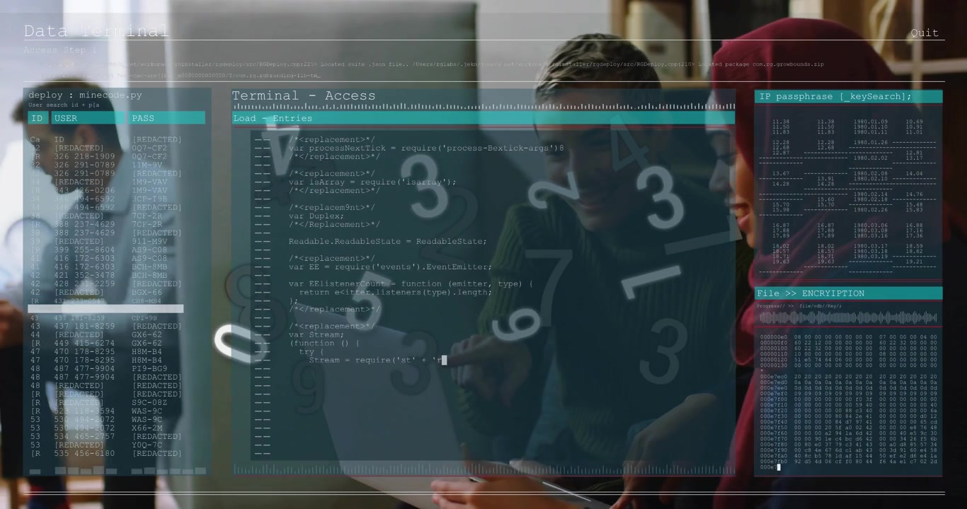 Right tech team leaning over laptop, working after left coworker glancing tablet overlay appearing