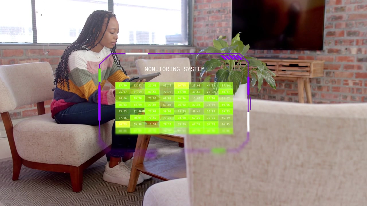 Woman tapping tablet, showing green AR overlay by loft window, lifting remote, controlling smart TV