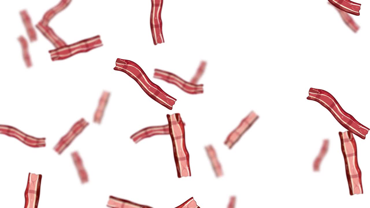 Animazione in loop di strisce di bacon croccante che piovono verso il basso su uno sfondo bianco e uniforme