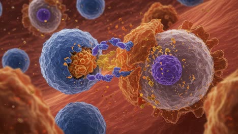 a detailed visualization of cellular interaction: immune cells engaging pathogen with a focus on antigen presentation and response mechanisms