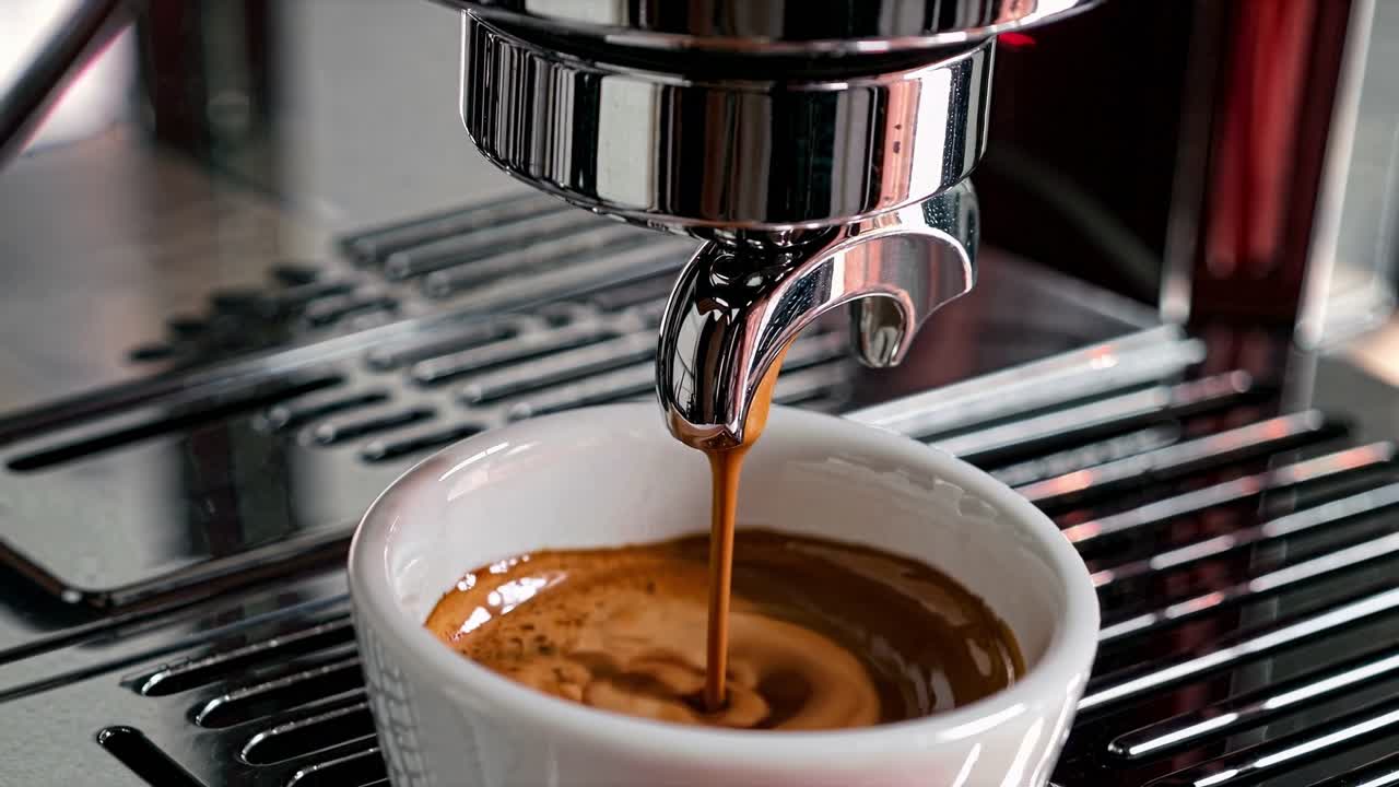 Video ravvicinato con angolazione della camera di un espresso che viene versato in una tazza bianca, catturando la consistenza ricca e cremosa