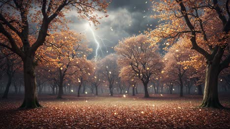 an enigmatic autumn evening: lightning illuminates a mystical forest of vibrant orange and brown leaves under dramatic stormy skies