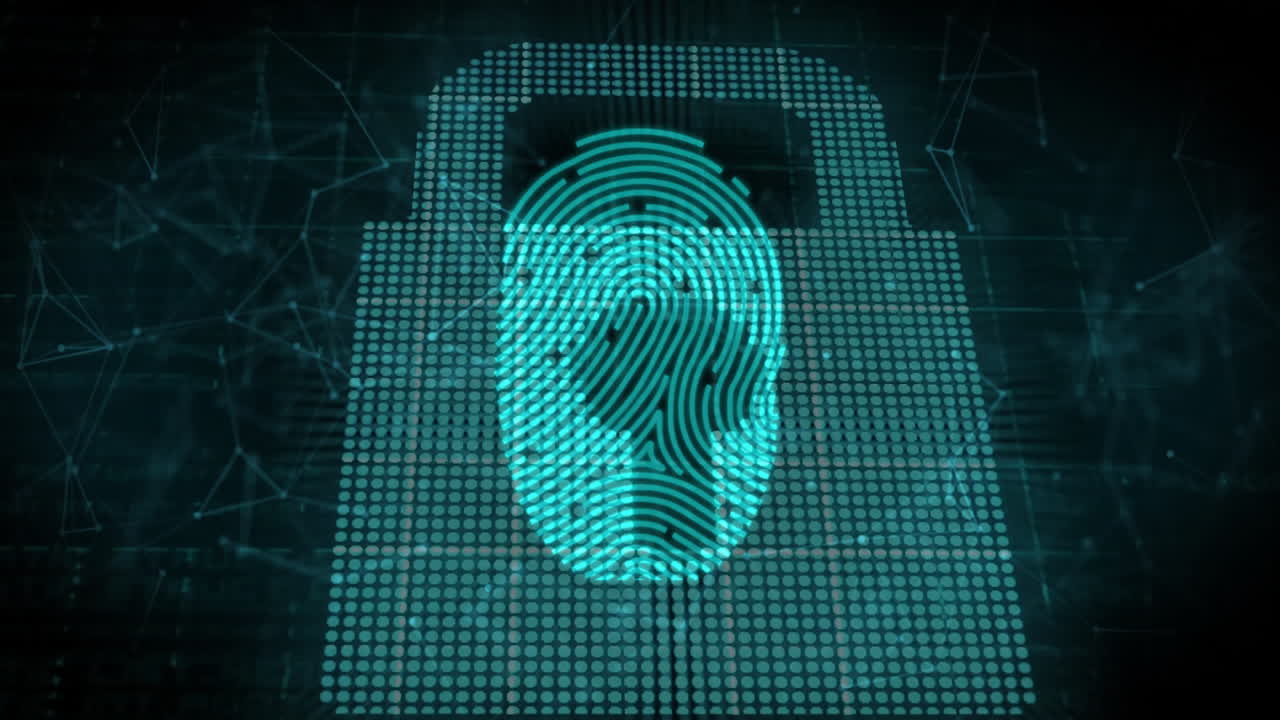 animación del icono del candado con conexiones a través del procesamiento de datos digitales en fondo oscuro