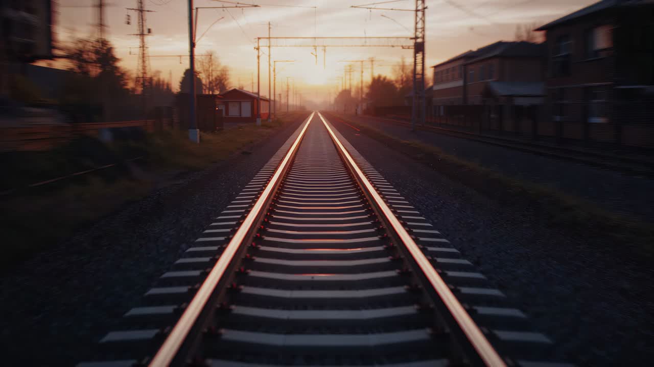 Gliding camera starting forward as sunset highlighting rails at suburban station, revealing horizon